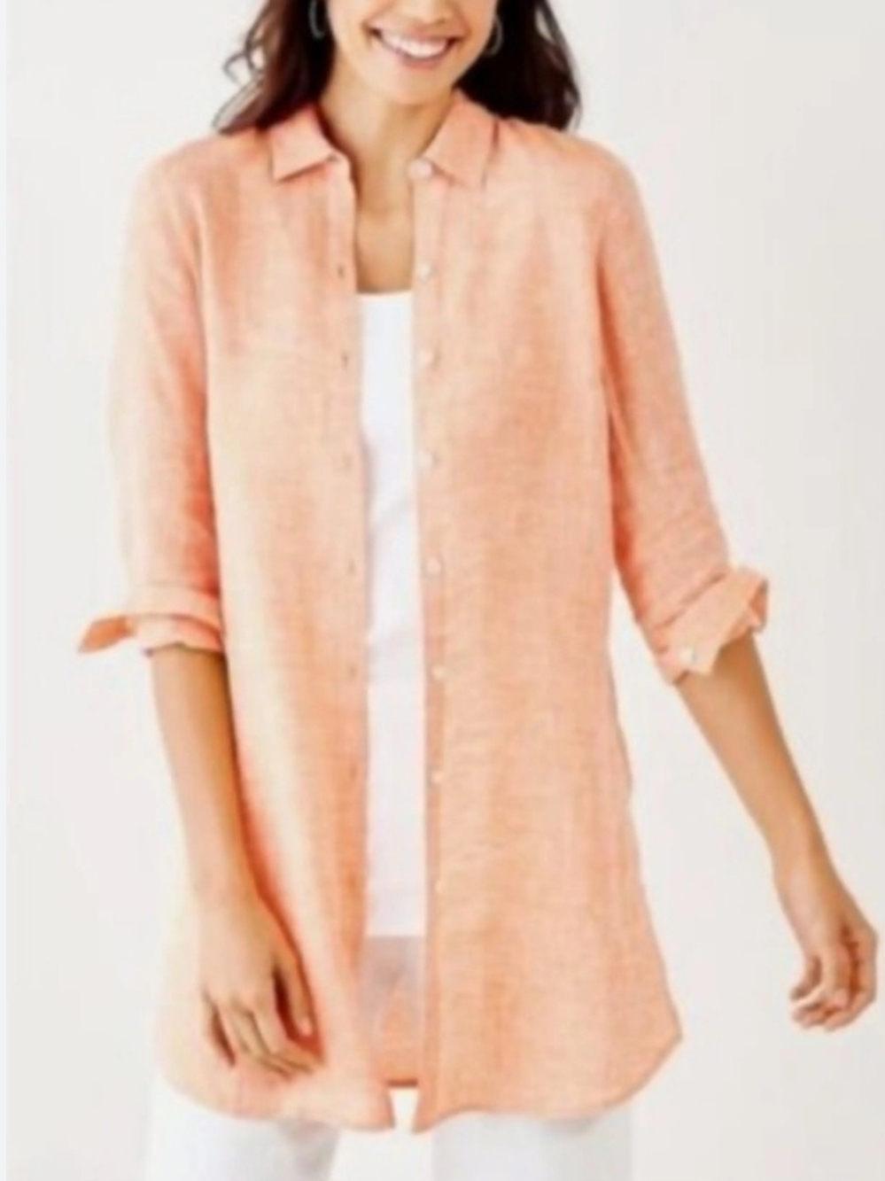 J. Jill Peach Linen Button-Front Tunic Size Xs Linen 100%